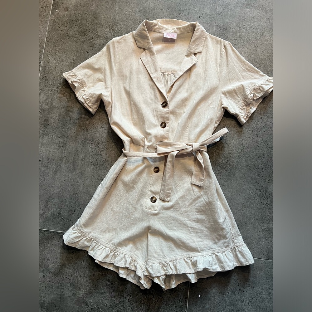 Pink Lily Cream Linen Romper